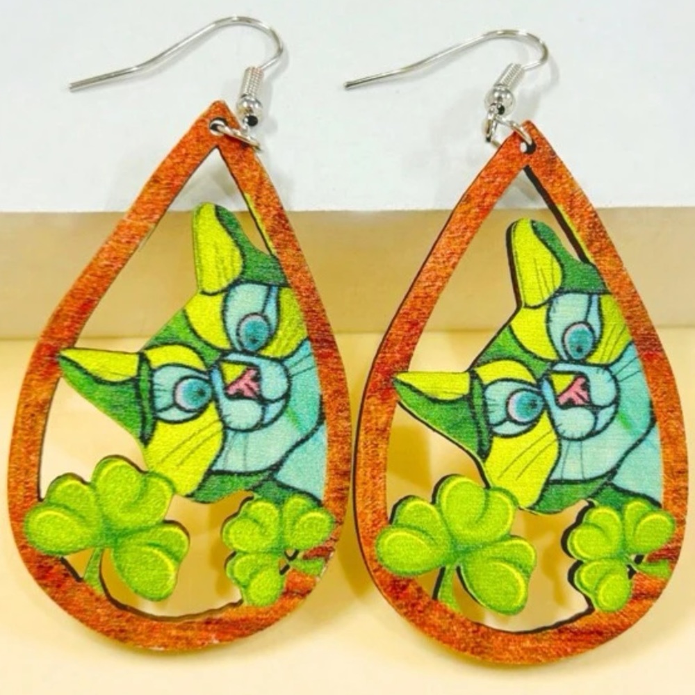 Wooden Shamrock Cat Earrings